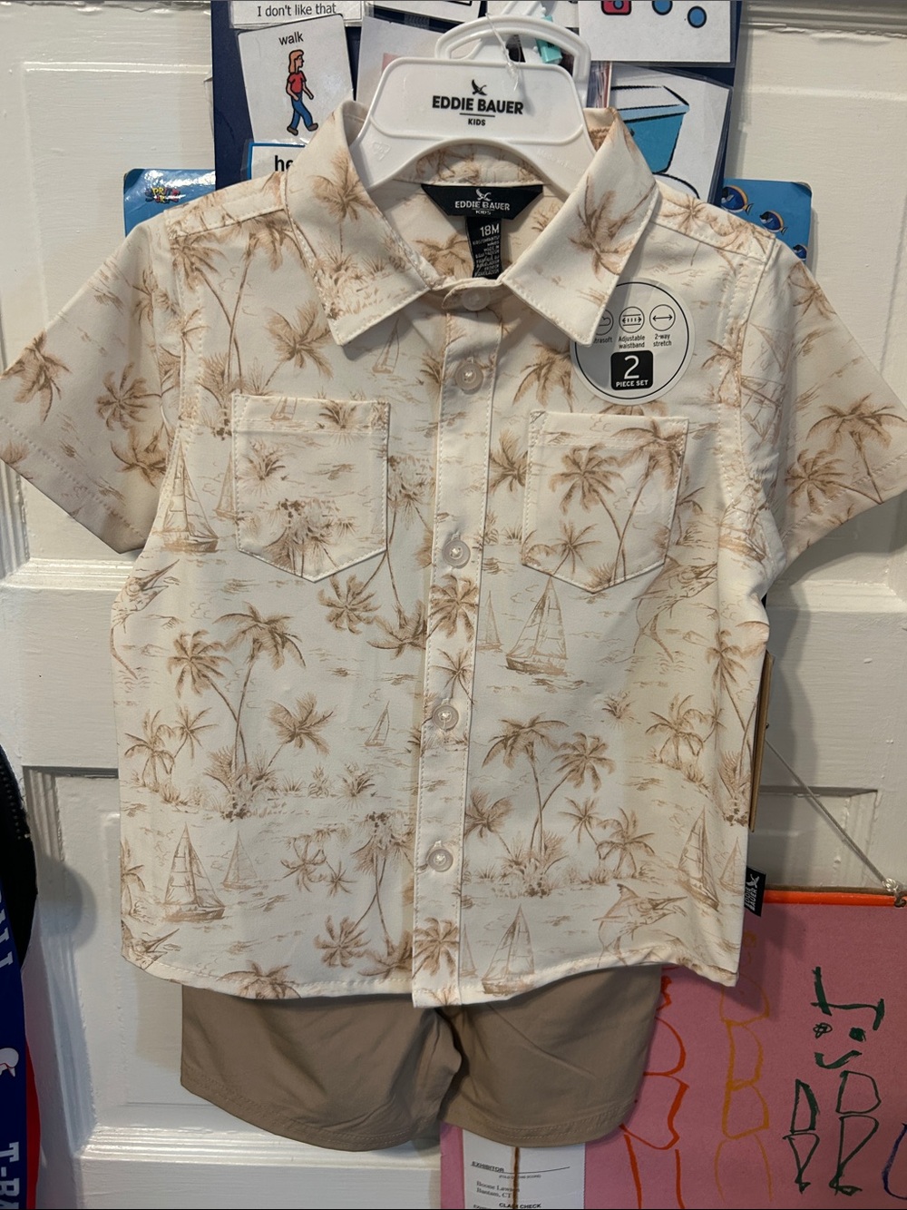 Eddie Bauer Cream Short-Sleeve Palm & Sailboat Button-Down Shirt